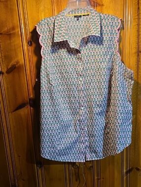 Talbots Womens Sleeveless Button-Down Pineapple Print Top - Green & Pink